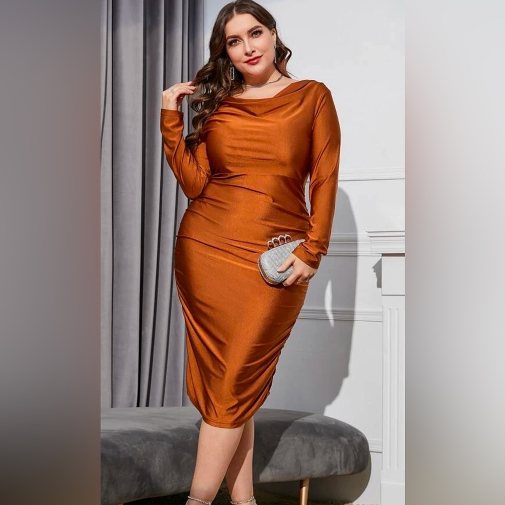 Draped Collar Ruched Bodycon Dress 
Color: Rust Brown Size: 14 (1XL)